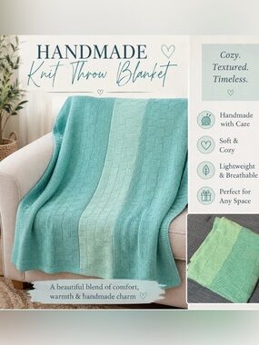 Handmade Knit Throw Blanket  Green Tones Size 50x57”